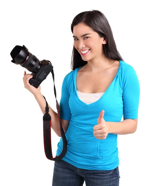 Jovem fotógrafa com polegares para cima — Fotografia de Stock