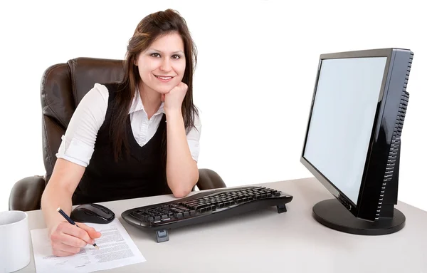 Smiling Businesswoman Working and Looking at Camera — Stock Photo, Image