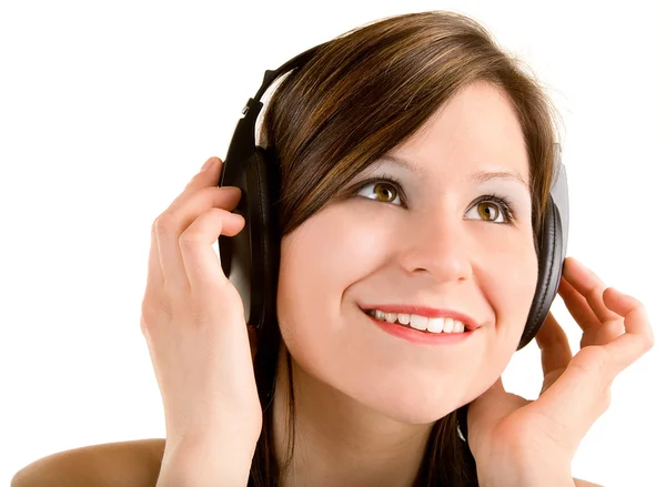Lady lyssna på musik med hörlurar — Stockfoto