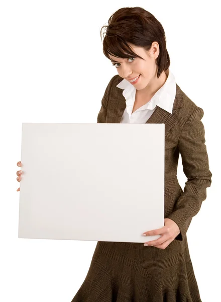 Geschäftsfrau mit weißem Schild — Stockfoto