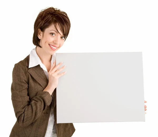 Affärskvinna med en tom vit skylt — Stockfoto