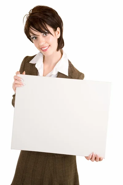 空白の白い看板を持っている女性実業家 — ストック写真