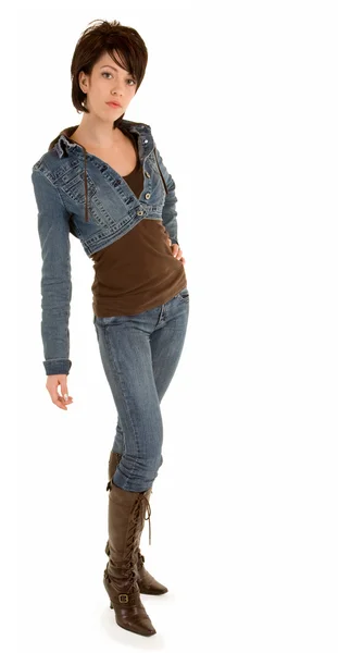 Lady vestindo jeans e botas de couro — Fotografia de Stock