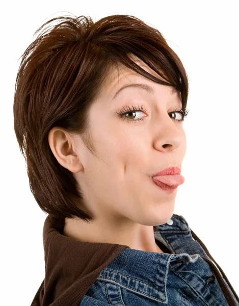 Kobieta wystająca z języka — Zdjęcie stockowe