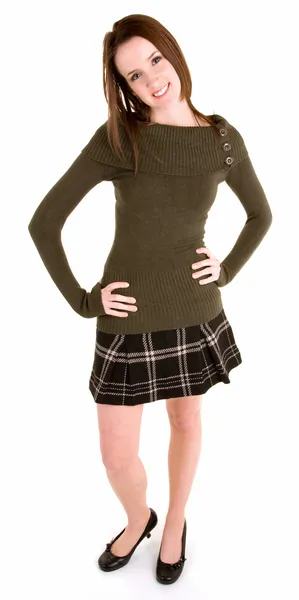Dáma v kostkovanou sukni a svetr — Stock fotografie