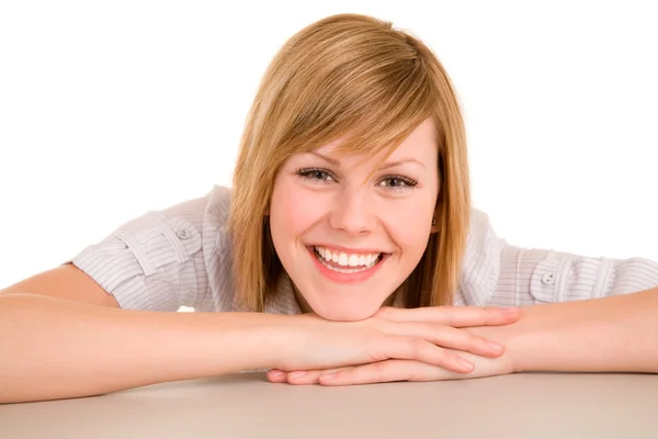 Smiling Woman Laying on her Desk — Stock Photo, Image