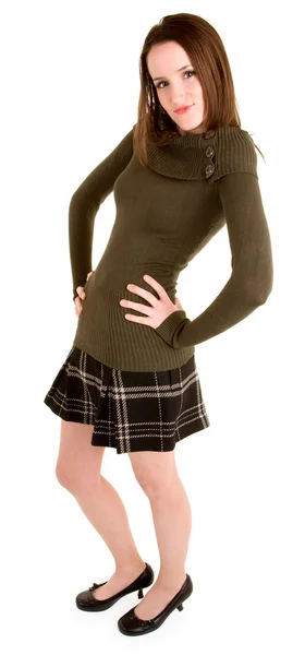 Senhora de saia xadrez e camisola — Fotografia de Stock