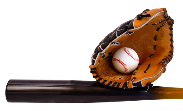 Бейсбольная бита, мяч и перчатка — стоковое фото