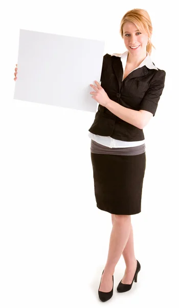 Mulher segurando um sinal branco em branco — Fotografia de Stock