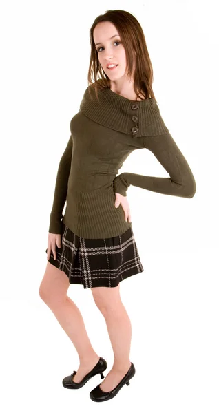 Signora in gonna scozzese e maglione — Foto Stock