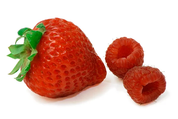 One Strawberry and Two Raspberries — Stock Photo, Image