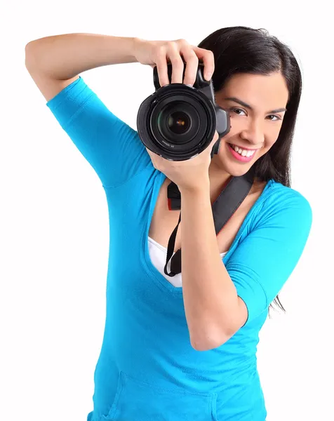 Fotógrafo do sexo feminino atirando em você — Fotografia de Stock
