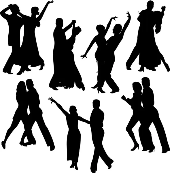Dans eden çiftler silhouettes — Stok Vektör
