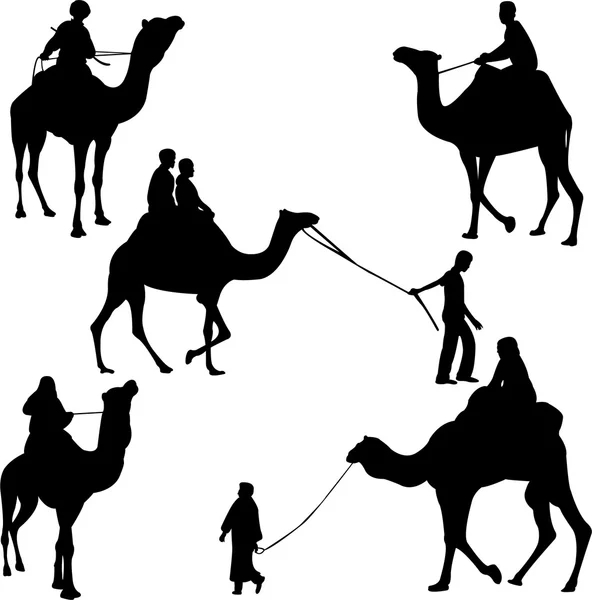 Siluetas de jinetes camello — Vector de stock