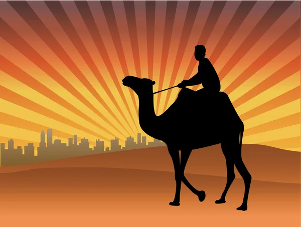 男子骑骆驼在沙漠中 — 图库矢量图片