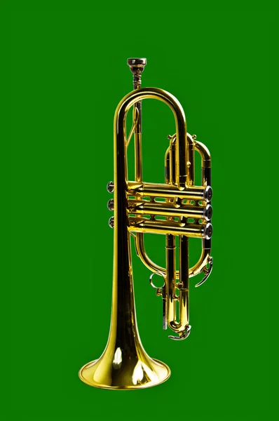 Onun bell üzerinde dinlenme trompet — Stok fotoğraf