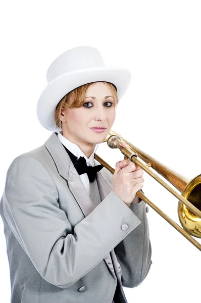 Jolie jeune femme trombone joueur — Photo
