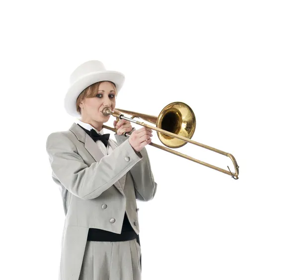 Trombone player with a smile. — Stock Photo, Image