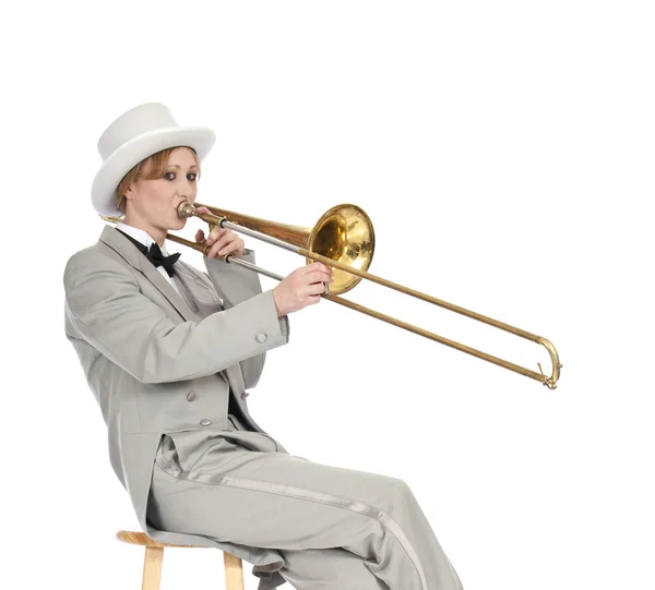 Jogador de trombone sentado — Fotografia de Stock