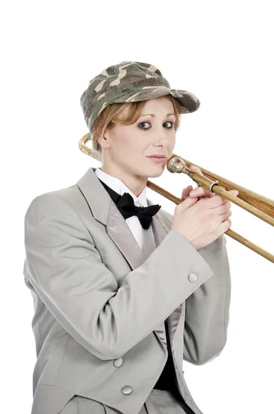 Grappige hoed op trombone speler — Stockfoto