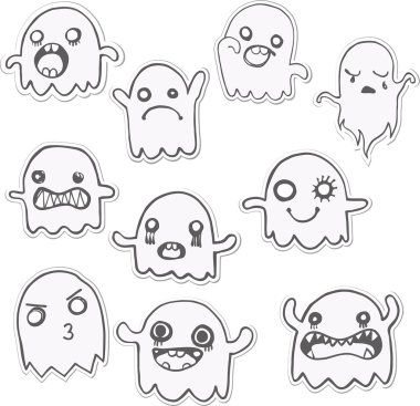 Set of 10 Cute Ghosts Stickers. clipart