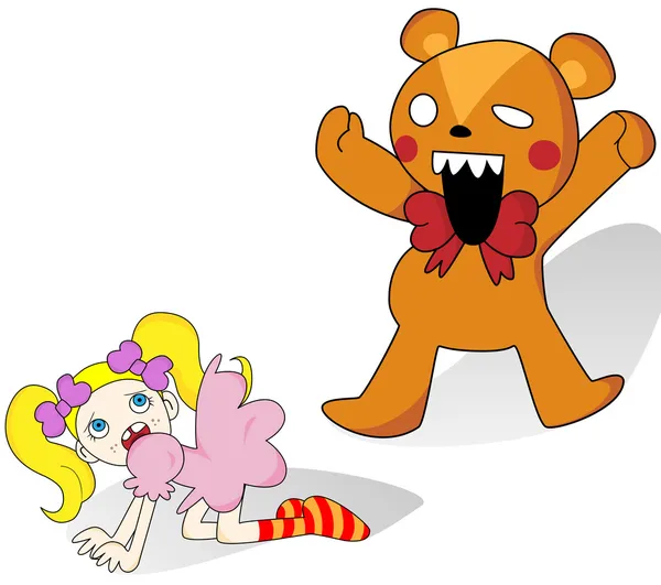 Meisje en horror teddy bear — Stockvector