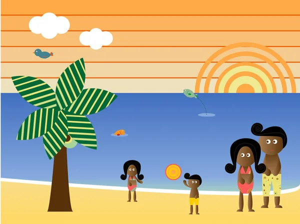Retro beach Afro-Amerikan Aile — Stok Vektör
