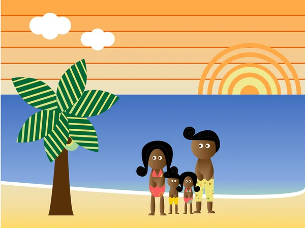 レトロなビーチのアフリカ系アメリカ人の家族 — ストックベクタ