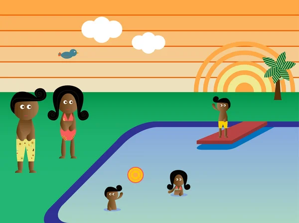 Retro zwembad familie Afrikaanse Amerikaan — Stockvector