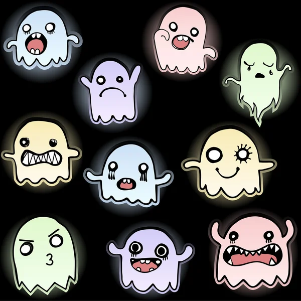 Set of 10 Cute Glowing Ghosts — Stock Vector
