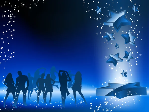Parti kalabalık dans yıldızlı mavi el ilanı. — Stok Vektör