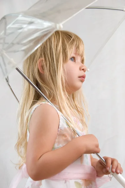 Little Blond Girl Playing with Umbrella — Stock Photo, Image