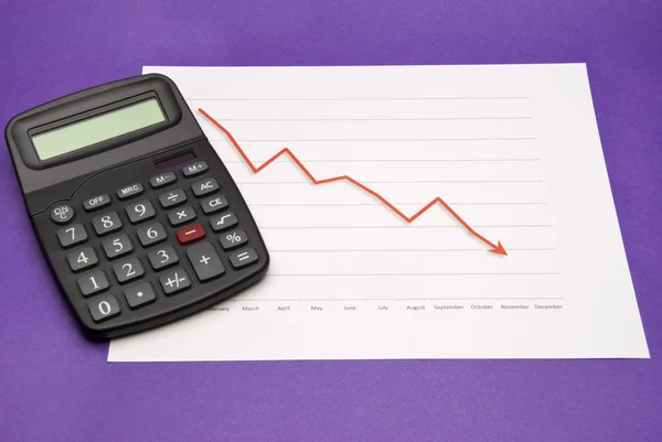 Kalkulačka vedle sestupný trend chart — Stock fotografie
