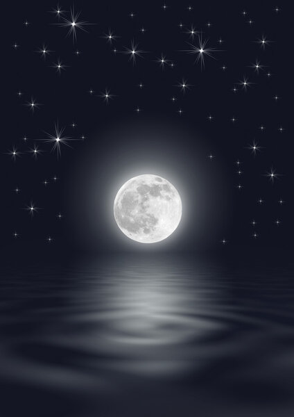 Fantasy abstract of a full moon on the spring equinox against a star filled dark sky with reflection over rippled water.