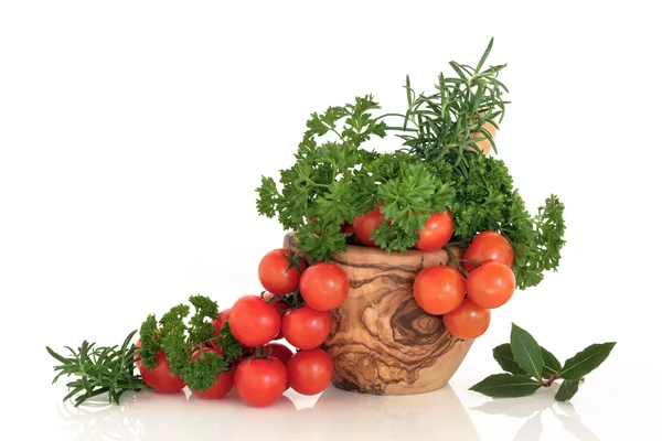 Seleção de folhas de tomate e ervas — Fotografia de Stock