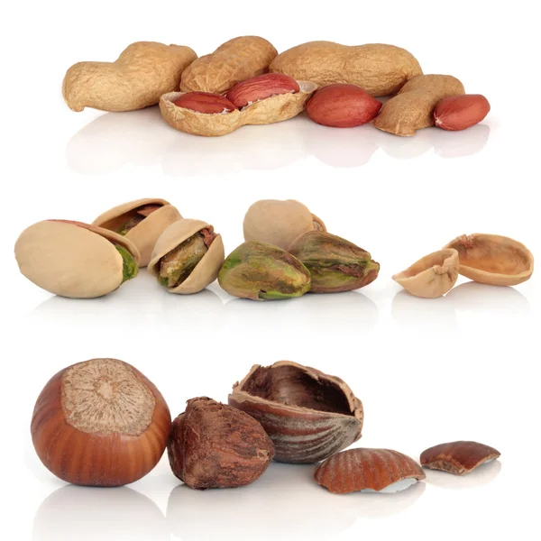 Auswahl von Haselnüssen, Pistazien und Erdnüssen — Stockfoto