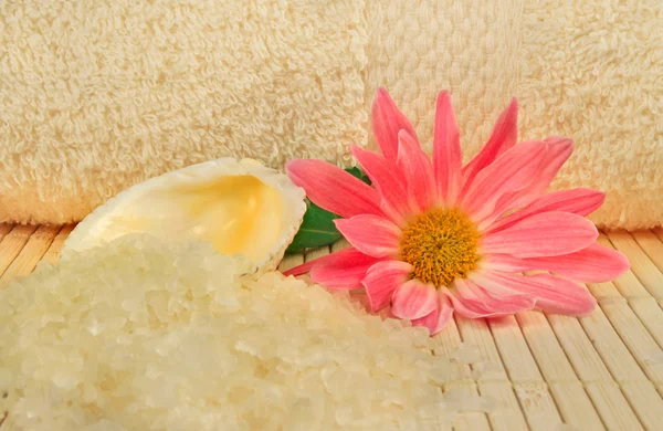 Banyo tuzu, deniz hayvanı kabuğu ve bir çiçek — Stok fotoğraf