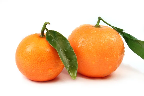 Oranges fraîches aux feuilles vertes isolées — Photo