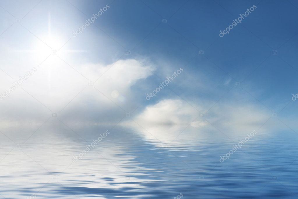 Sunny sky and blue water background