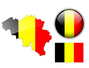 Belgium flag, map and glossy button. clipart