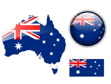 Australia flag, map and glossy button.