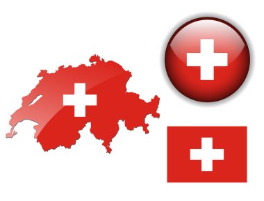 Switzerland flag, map and glossy button. clipart