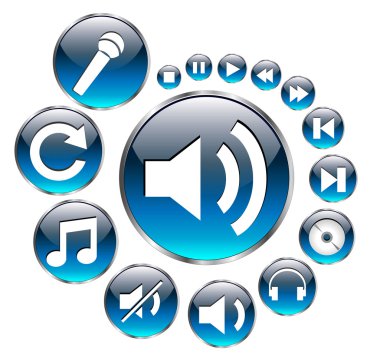 Music icons set, blue vector. clipart