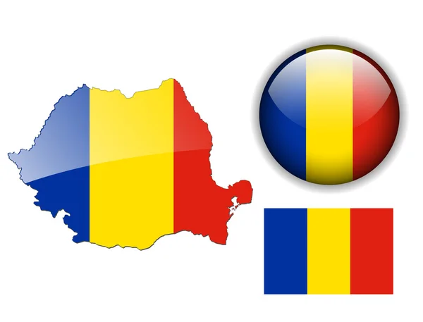 罗马尼亚国旗、 地图和光泽按钮. — 图库矢量图片