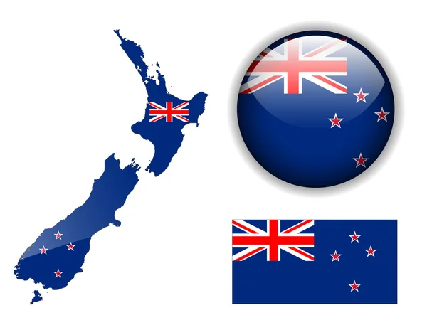 Neuseeland Flagge, Karte und Hochglanz — Stockvektor