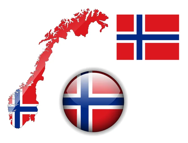 挪威国旗、 地图和光泽按钮. — 图库矢量图片