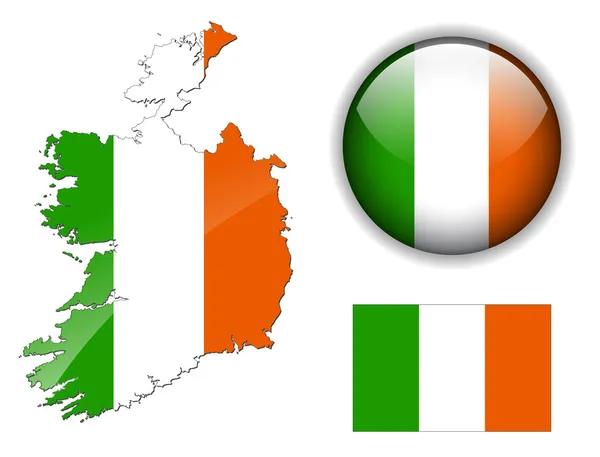 Przycisk flaga, mapę i błyszczące Irlandia. — Wektor stockowy