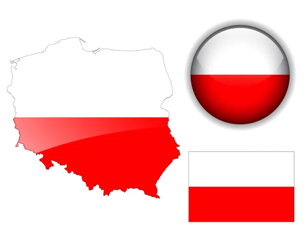 Polska flaga, mapę i błyszczące przycisk. — Wektor stockowy