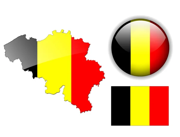 Belgium flag, map and glossy button. — Stock Vector