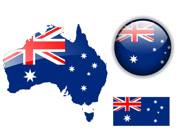 Σημαία, χάρτη και γυαλιστερή κουμπί Αυστραλία. — Διανυσματικό Αρχείο